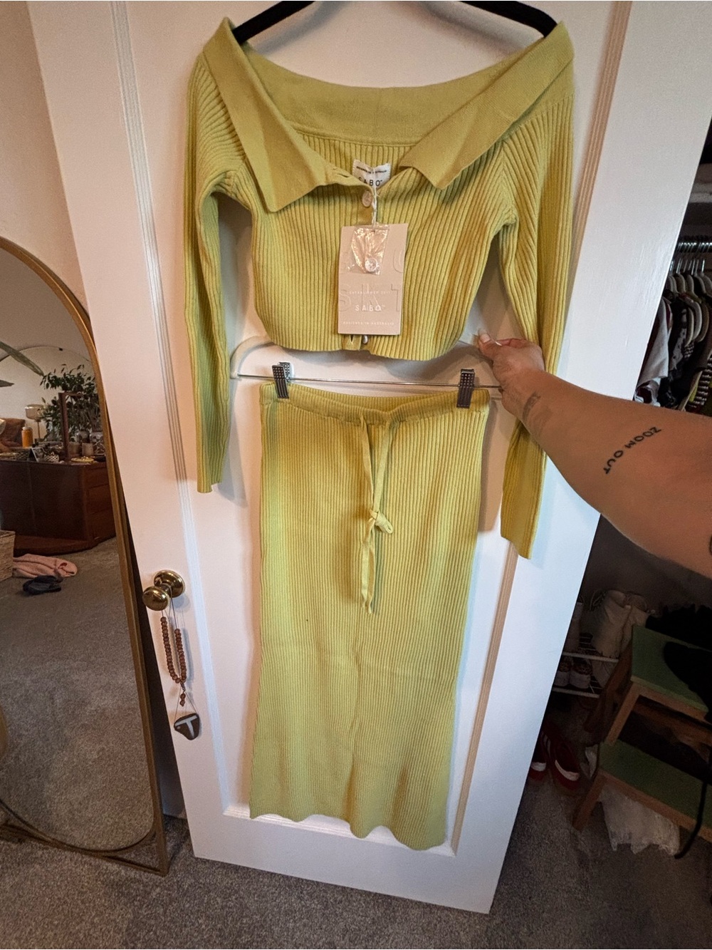 Sabo Skirt Lime Green Ribbed Skirt and Button Down Top Set